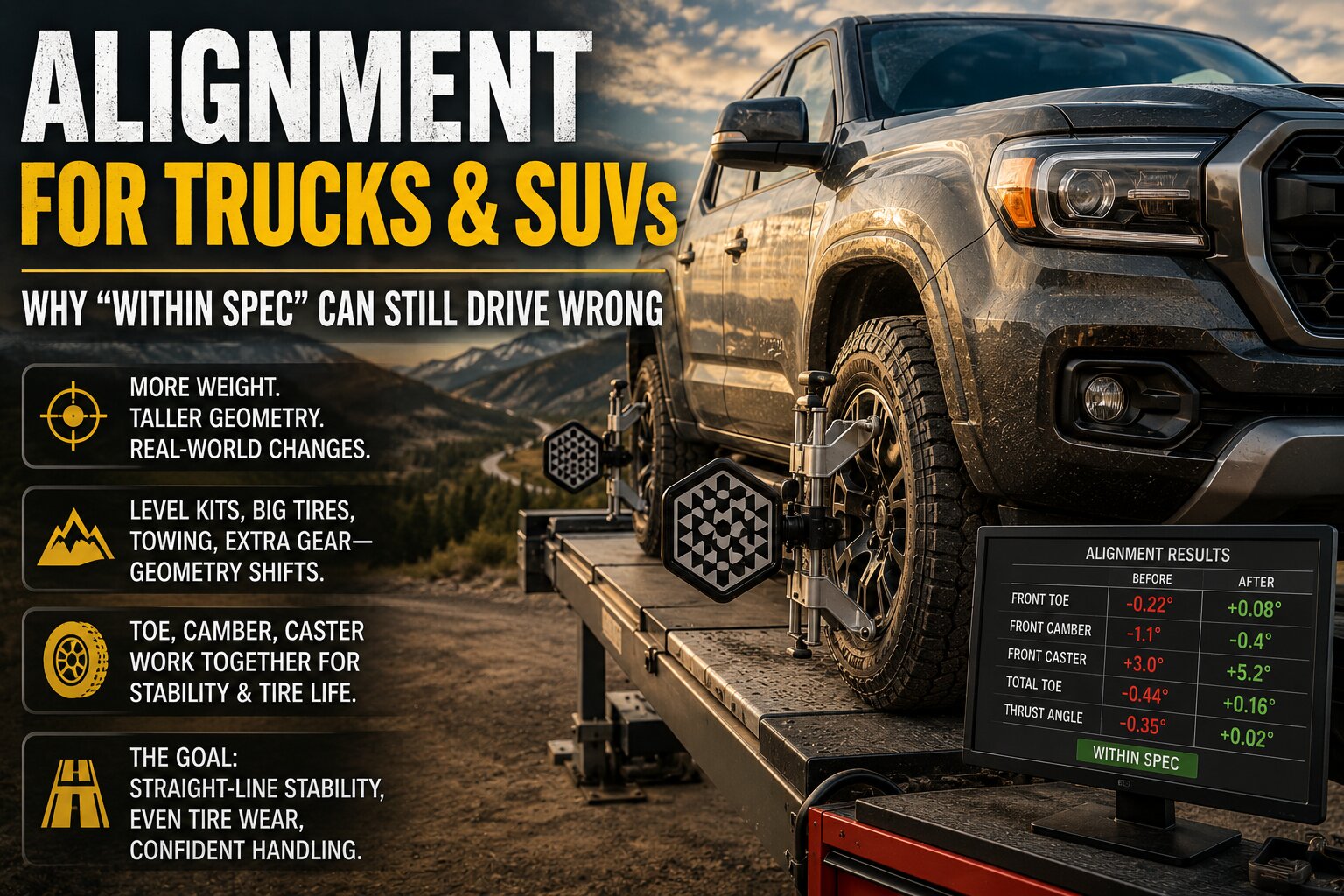 Street Alignment for Trucks and SUVs: Toe, Camber, and Why One ‘Spec’ Isn’t Enough