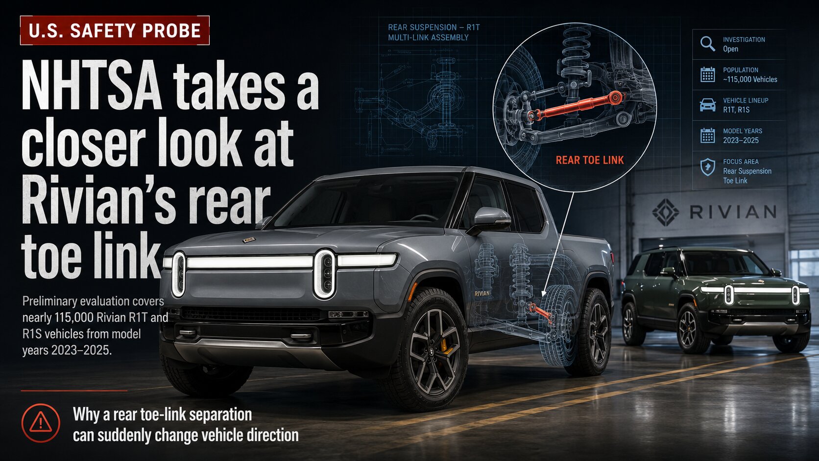 NHTSA Opens a Rivian Toe-Link Probe: Why One Rear Suspension Part Can Change the Whole Lane
