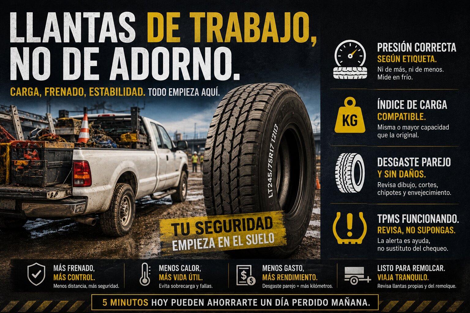 Camioneta de trabajo con llantas de carga: presión, índice y desgaste antes de llevar herramienta o remolque